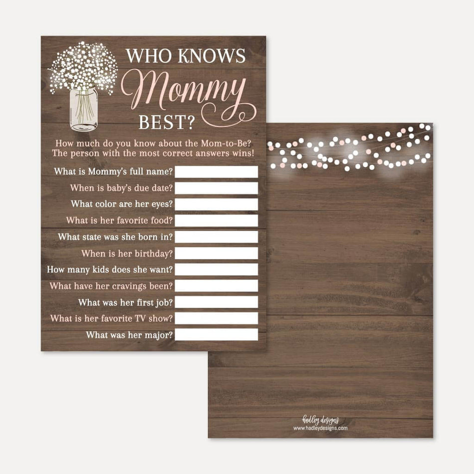 Wood Rustic Floral Girl Baby Shower Who Knows Mommy Best Game Printable Template