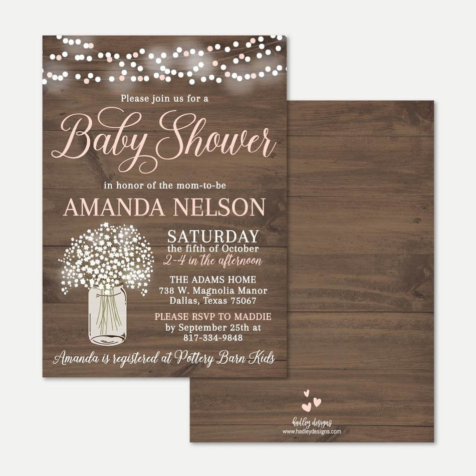 Wood Rustic Floral Girl Baby Shower Invitation Printable Template