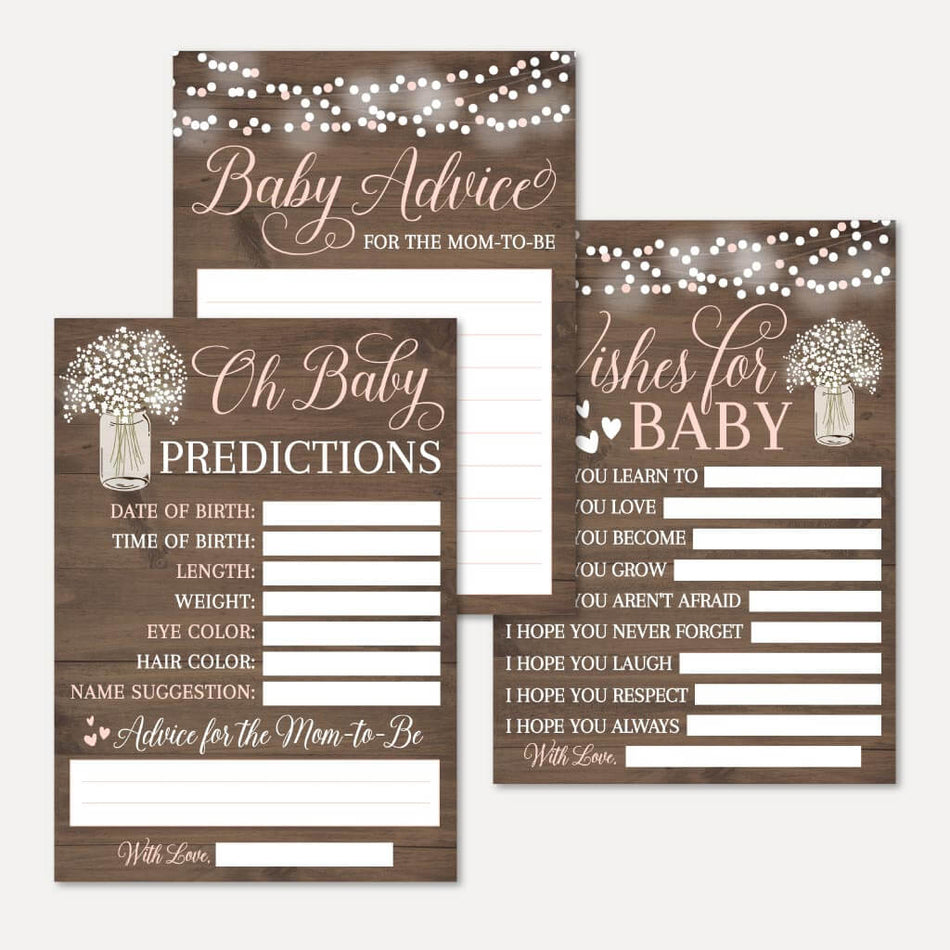 Wood Rustic Floral Girl Baby Shower Prediction Advice Wishes Bundle Printable Template