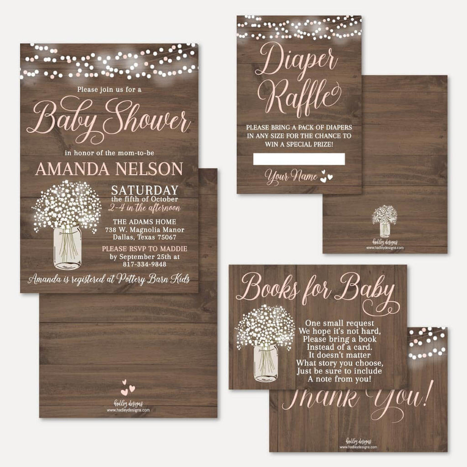 Wood Rustic Floral Girl Baby Shower Invitation Suite Printable Template