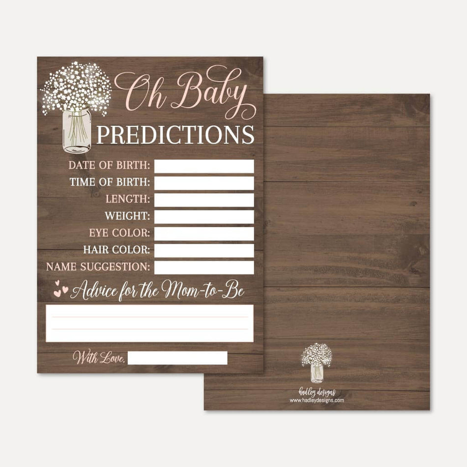 Wood Rustic Floral Girl Baby Shower Predictions Printable Template