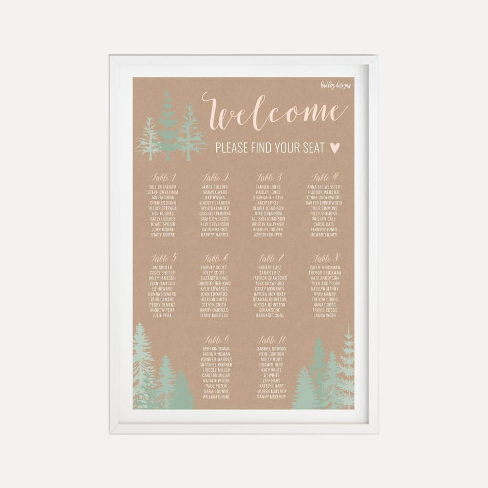 Rustic Pine Tree Outdoor Wedding Seating Chart Sign Printable Template