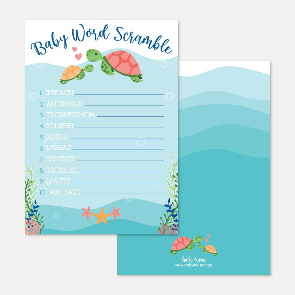 Printable Sea Turtle Baby Shower Word Scramble Game Template | Hadley ...