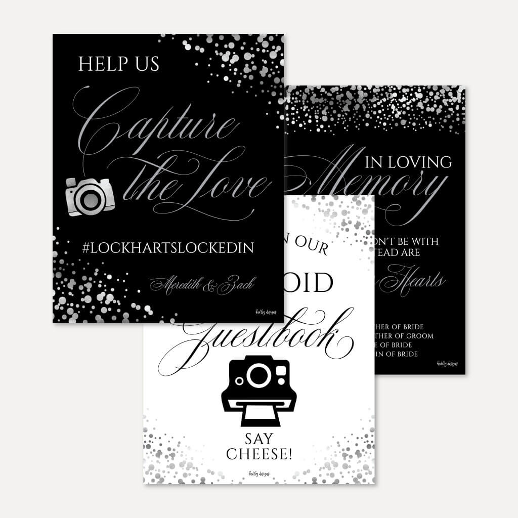 Printable Silver Dots Black Wedding Signs Set Templates | Hadley Designs