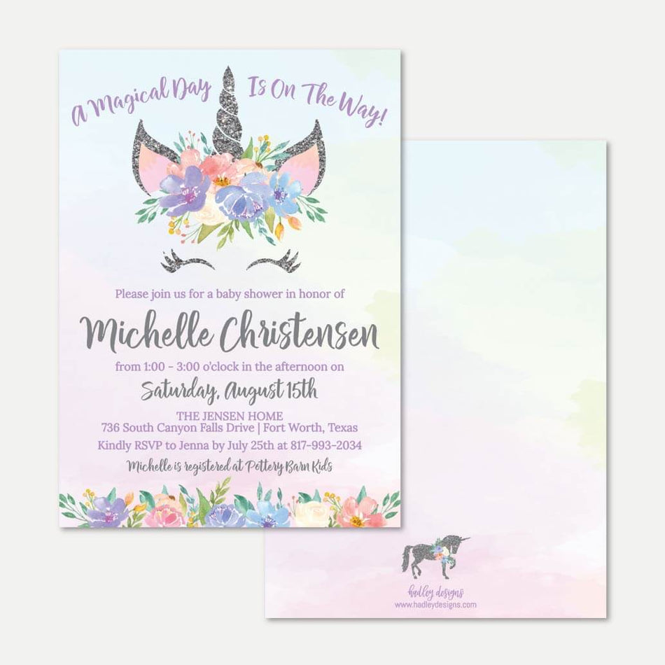 Silver Glitter Unicorn Baby Shower Invitation Printable Template