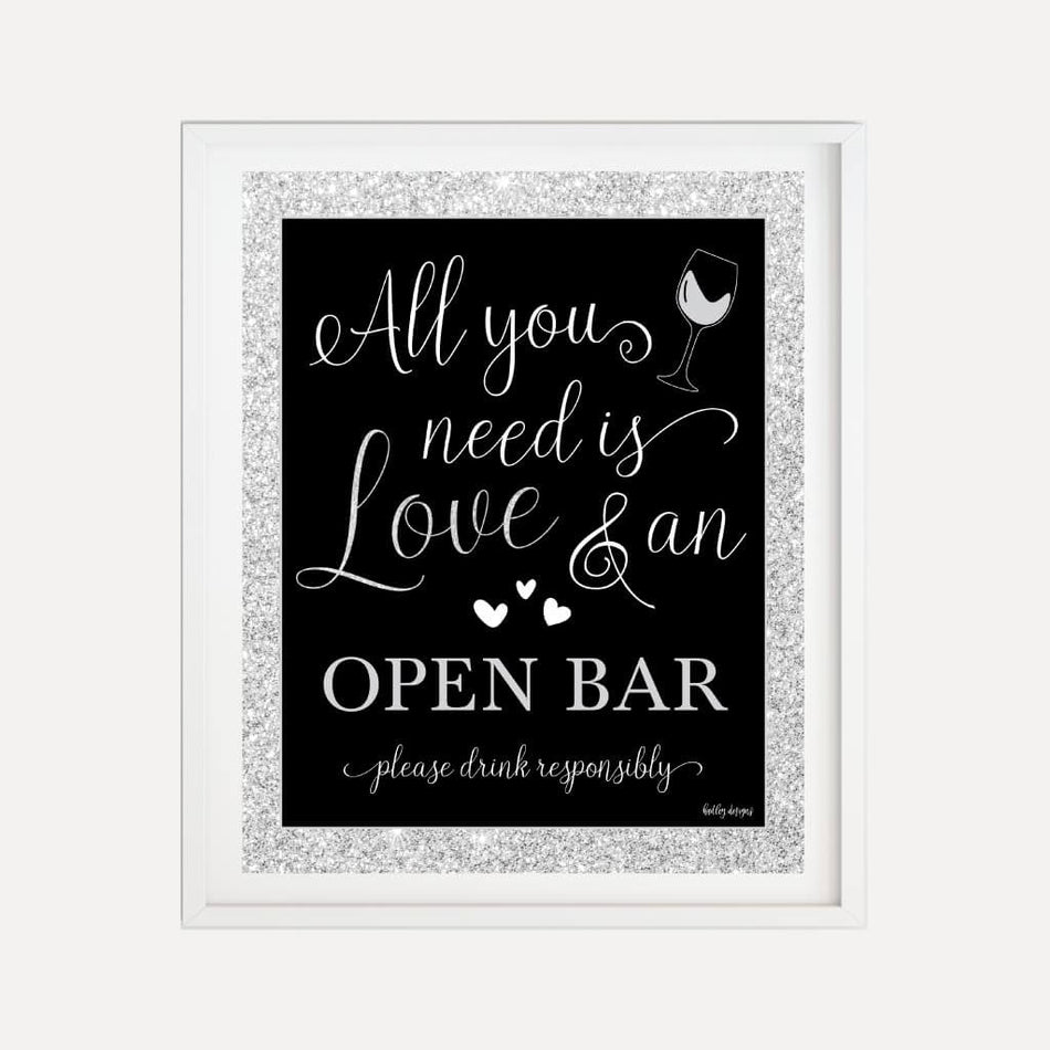 Silver Glitter Black Elegant Wedding Bar Drinks Sign Printable Template