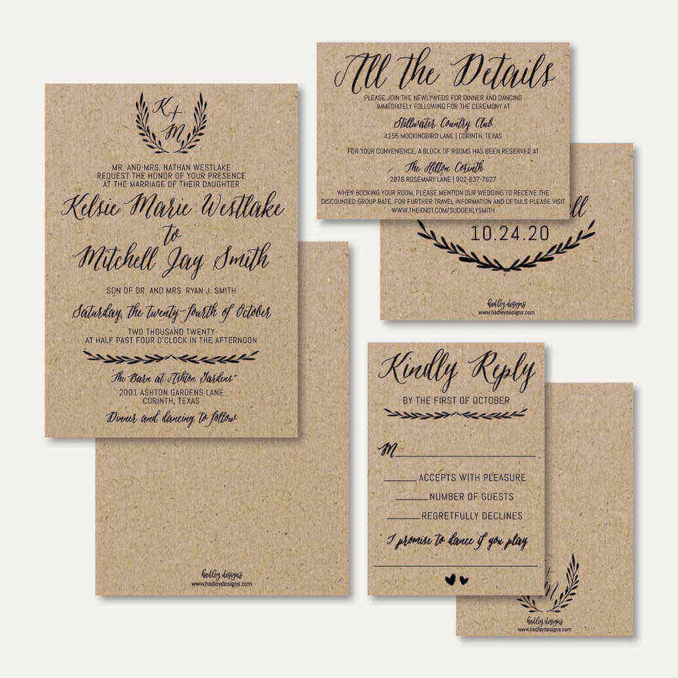 Simple Kraft Wedding Invitation Suite Printable Template