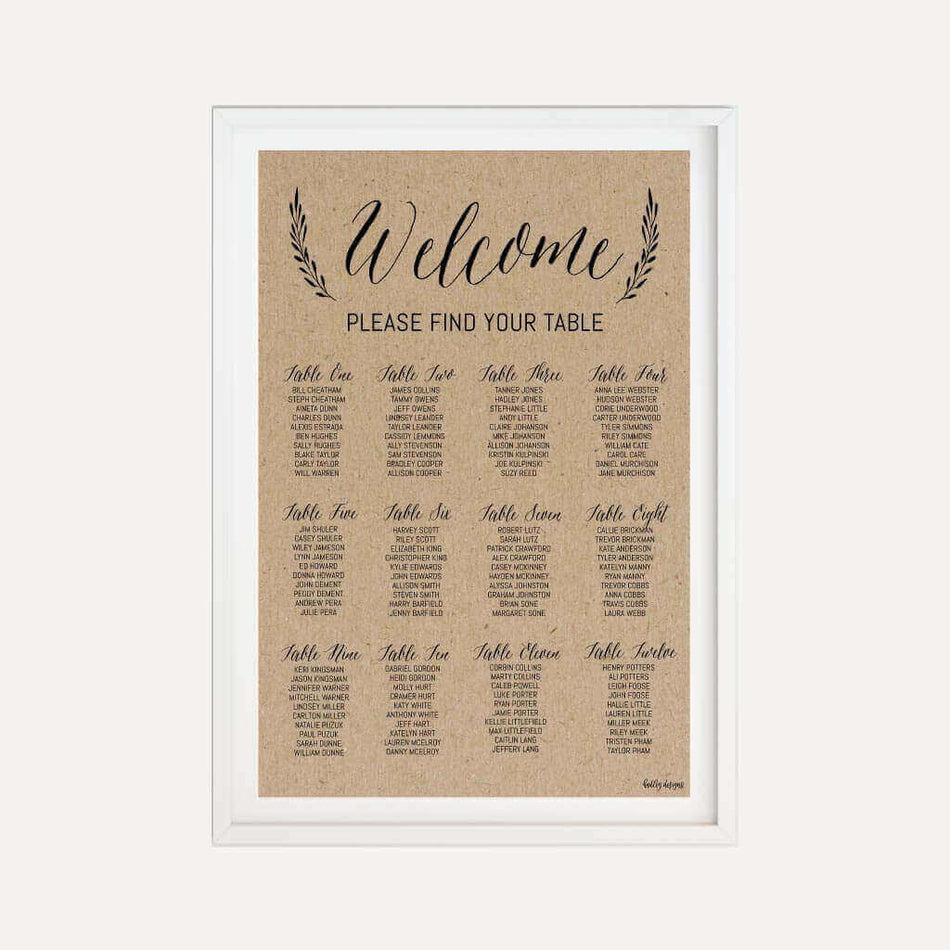 Simple Kraft Wedding Seating Chart Sign Printable Template