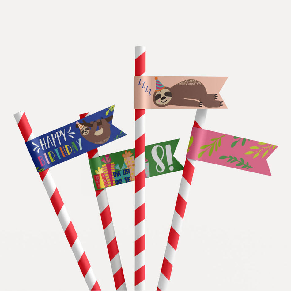 Printable Sloth Kids Party Straw Flags Template | Hadley Designs ...