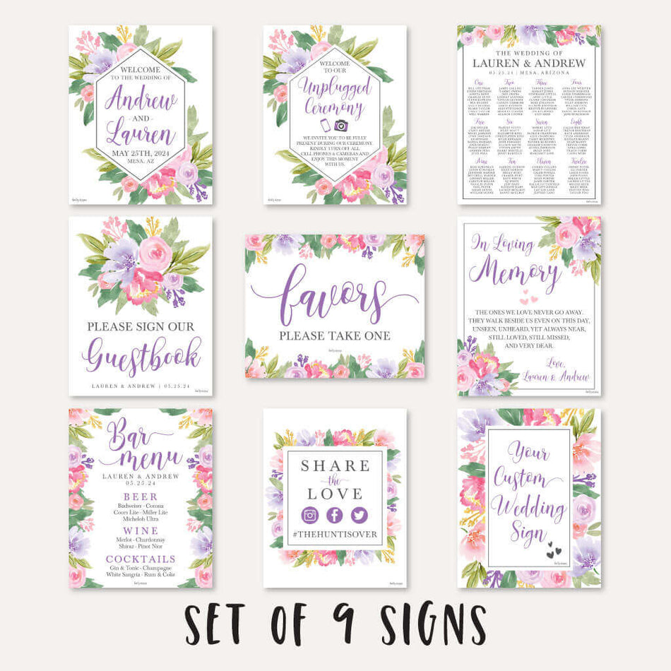 Spring Floral Wedding Sign Set Printable Templates