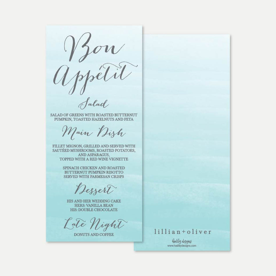 Teal Watercolor Splash Wedding Menu Printable Template