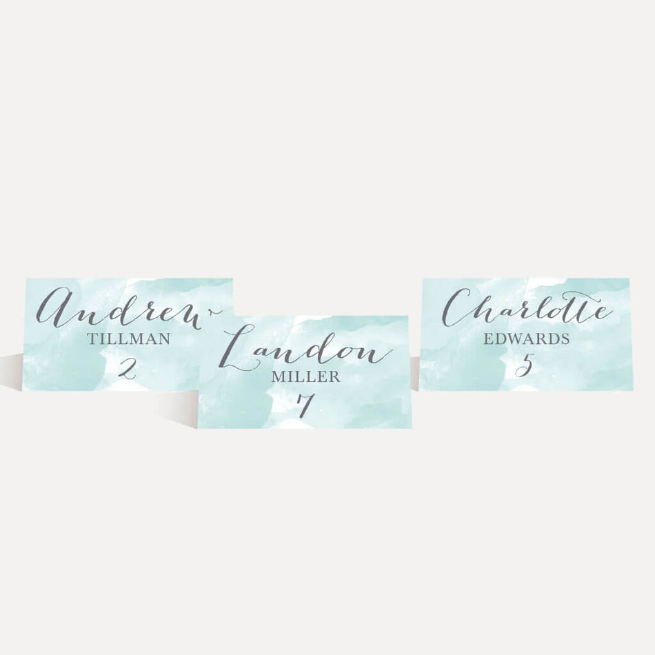 Teal Watercolor Splash Wedding Place Cards Printable Template
