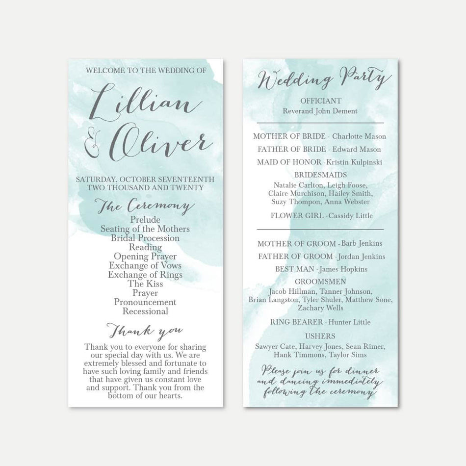 Teal Watercolor Splash Wedding Program Printable Template