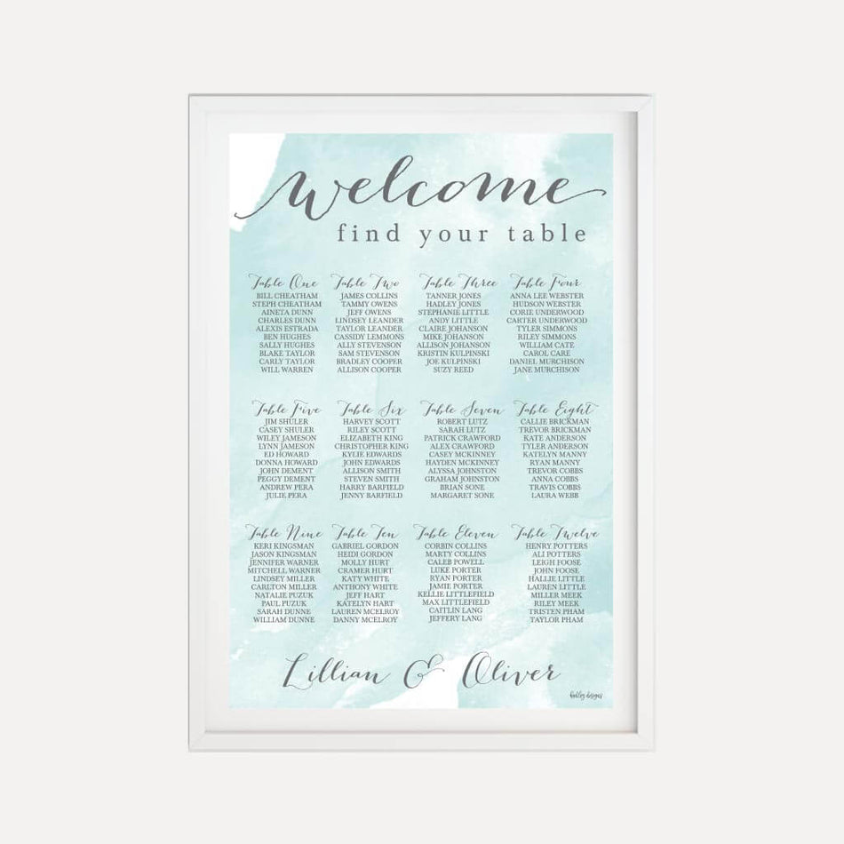 Teal Watercolor Splash Wedding Seating Chart Sign Printable Template