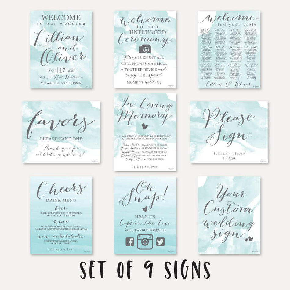 Teal Watercolor Splash Wedding Sign Set Printable Template