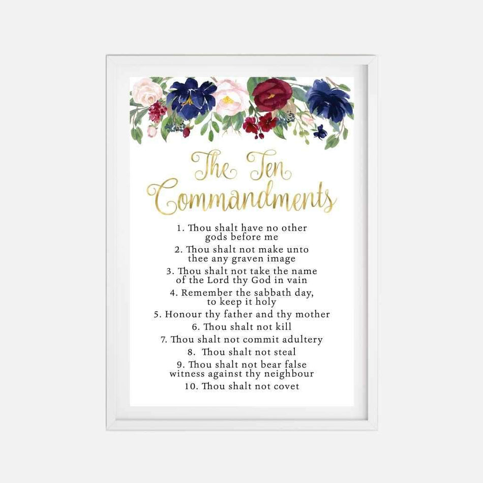 Floral The Ten Commandments Wall Art Christian Home Decor Sign Printable Template