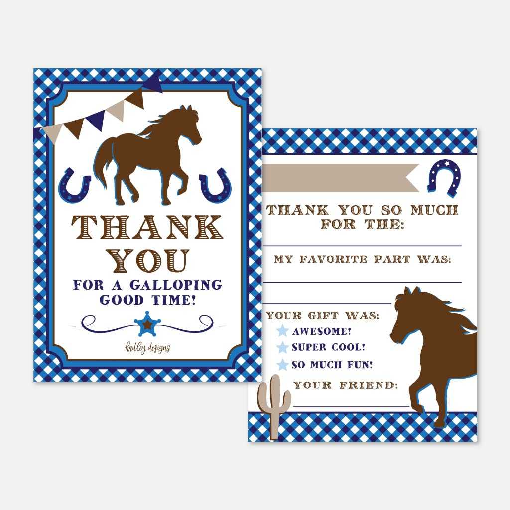 Printable Blue Horse Kids Party Fill In The Blank Thank You Card ...