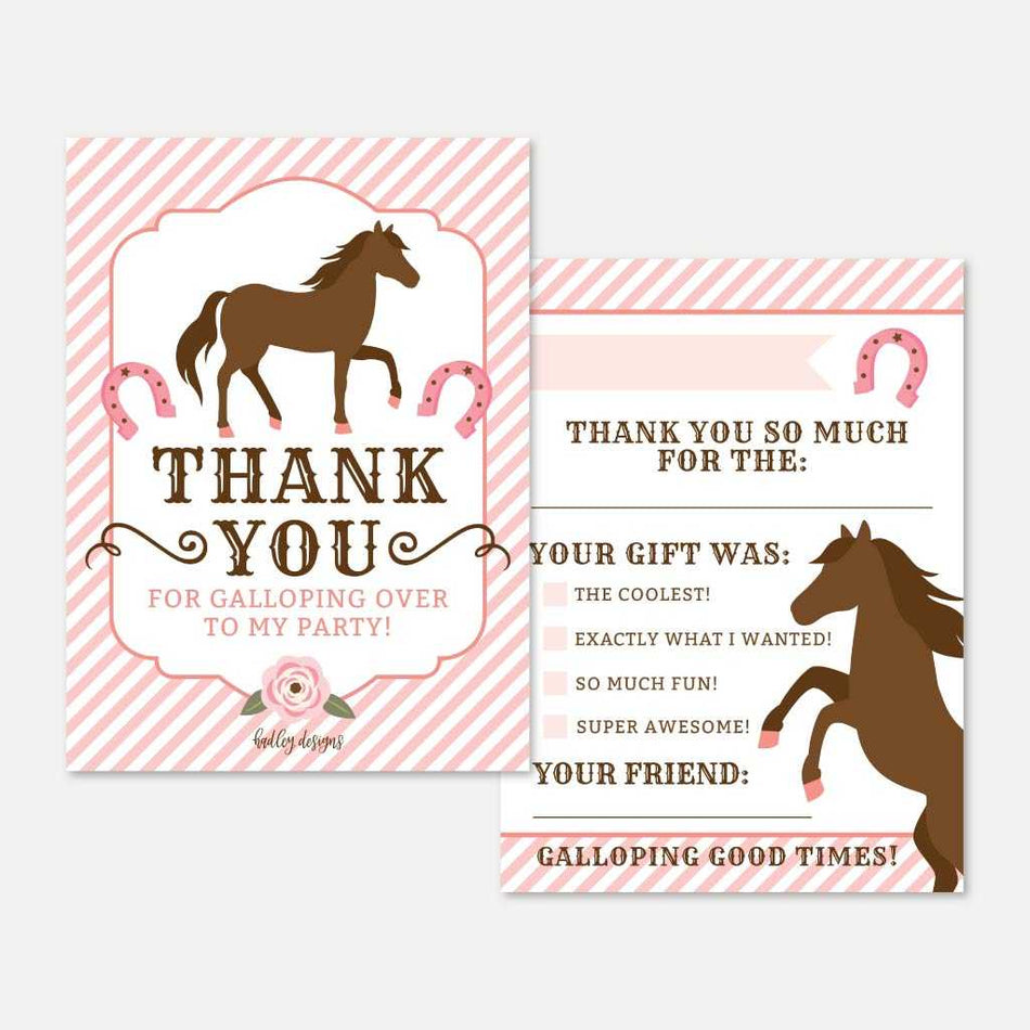Printable Pink Horse Kids Party Fill In The Blank Thank You Card ...