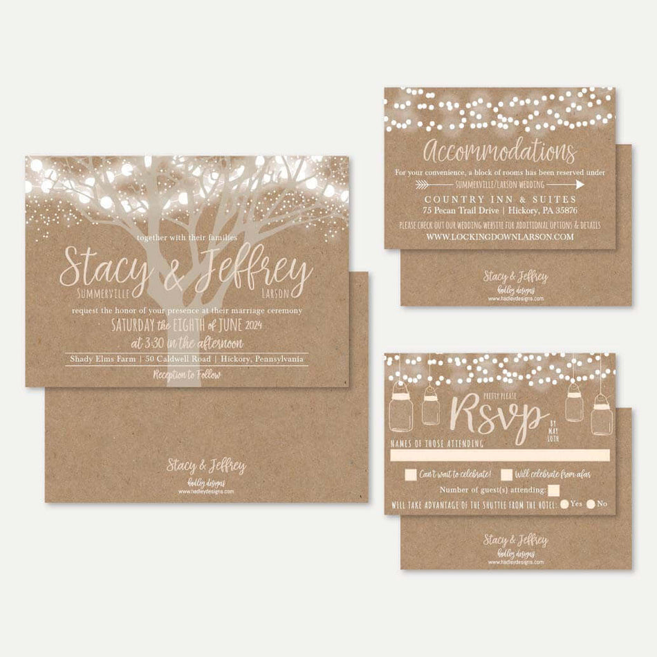 Tree Lights Kraft Rustic Wedding Invitation Suite Printable Template