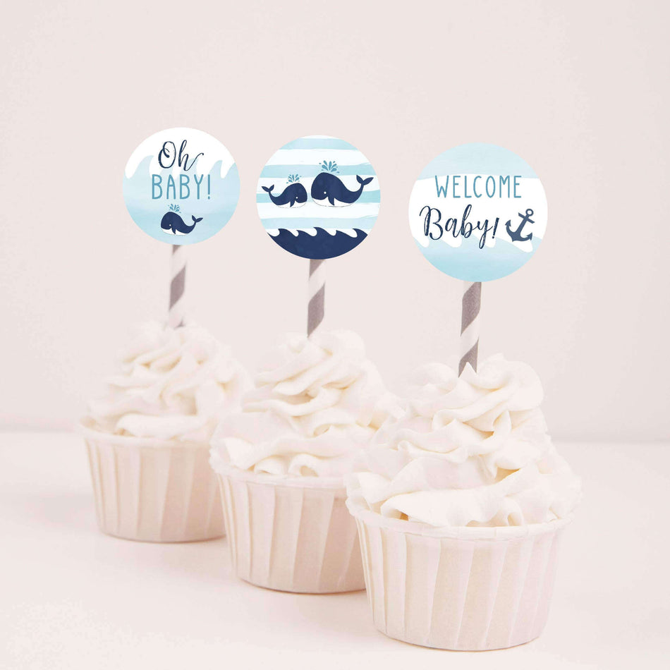 Whale Nautical Baby Shower Cupcake Toppers Printable Template