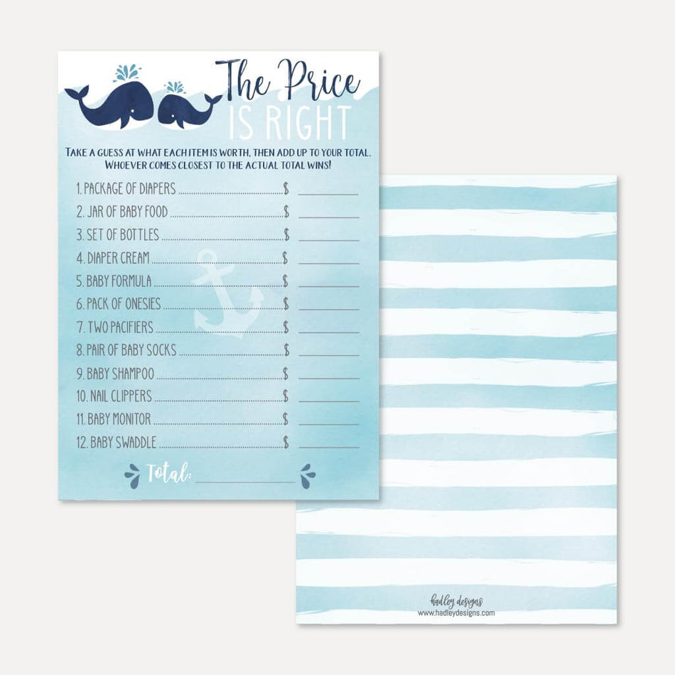 Whale Nautical Baby Shower Price is Right Game Printable Template