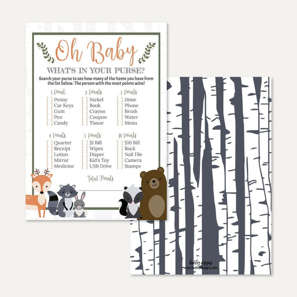 Woodland Baby Shower What's In Your Purse Game Printable Template